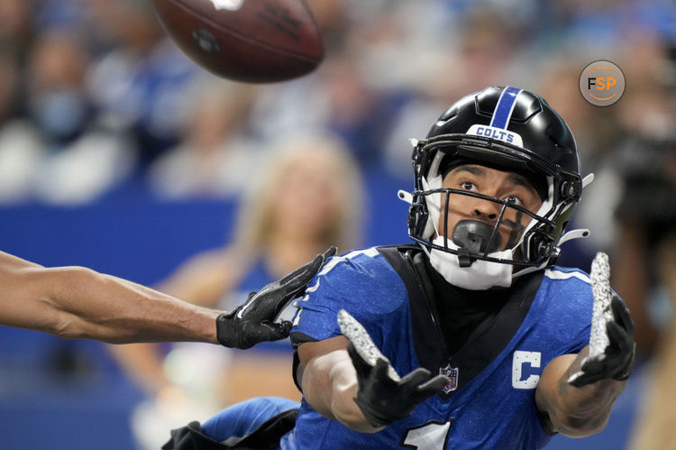 Nov 24, 2024; Indianapolis, Indiana, USA; Indianapolis Colts wide receiver Josh Downs (1) misses a pass in the end zone during a game against the Detroit Lions  at Lucas Oil Stadium. Credit: Christine Tannous/USA TODAY Network via Imagn Images