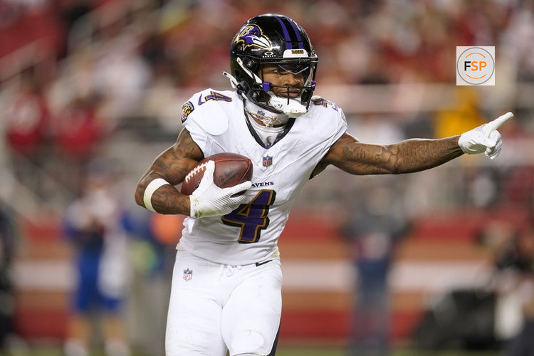 Dec 25, 2023; Santa Clara, California, USA; Baltimore Ravens wide receiver Zay Flowers (4) reacts after catching a touchdown against the San Francisco 49ers in the third quarter at Levi's Stadium. Credit: Cary Edmondson-USA TODAY Sports