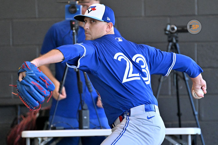 Feb 14, 2025; Dunedin, FL, USA; Toronto Blue Jays pitcher Jeff Hoffman (23) pitches during spring training  at Cecil B. Englebert Complex. Credit: Jonathan Dyer-Imagn Images