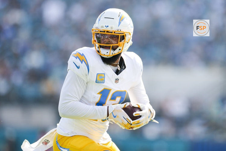 Nov 16, 2025; Jacksonville, Florida, USA; Los Angeles Chargers wide receiver Keenan Allen (13) catches a pass against the Jacksonville Jaguars during the second quarter at EverBank Stadium. Credit: Nathan Ray Seebeck-Imagn Images