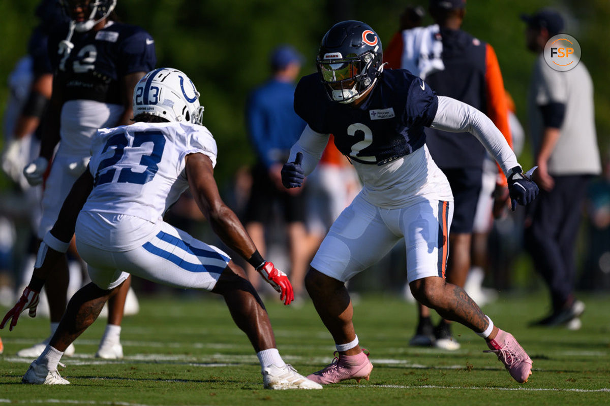 WESTFIELD, IN - AUGUST 16: Chicago Bears wide receiver DJ Moore (2) and Indianapolis Colts cornerback Kenny Moore II (23) run through a drill during the Indianapolis Colts and Chicago Bears joint Training Camp practice on August 16, 2023 at the Grand Park Sports Campus in Westfield, IN. (Photo by Zach Bolinger/Icon Sportswire)