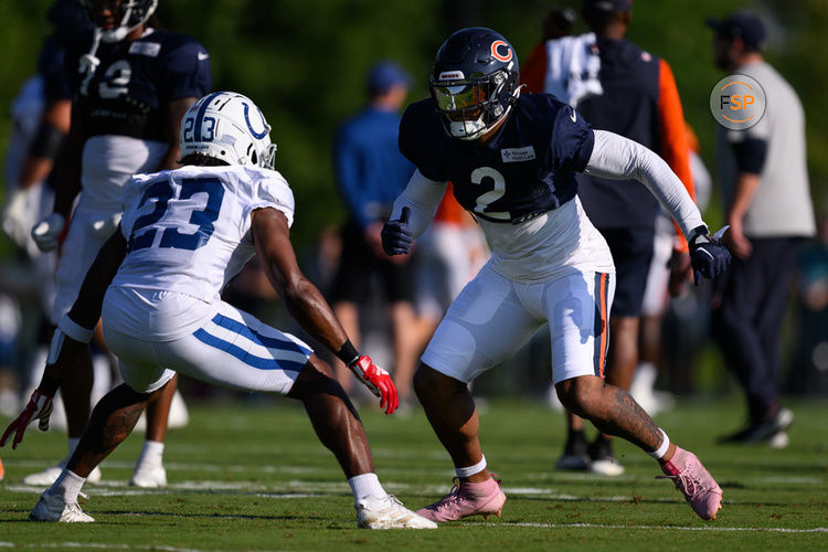 WESTFIELD, IN - AUGUST 16: Chicago Bears wide receiver DJ Moore (2) and Indianapolis Colts cornerback Kenny Moore II (23) run through a drill during the Indianapolis Colts and Chicago Bears joint Training Camp practice on August 16, 2023 at the Grand Park Sports Campus in Westfield, IN. (Photo by Zach Bolinger/Icon Sportswire)