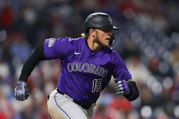 Apr 2, 2025; Philadelphia, Pennsylvania, USA; Colorado Rockies catcher Hunter Goodman (15) runs the bases after hitting a double during the ninth inning against the Philadelphia Phillies at Citizens Bank Park. Mandatory Credit: Bill Streicher-Imagn Images