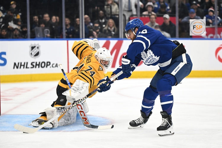 Dec 23, 2025; Toronto, Ontario, CAN;  Toronto Maple Leafs forward William Nylander (88) scores a goal past Pittsburgh Penguins goalie Stuart Skinner (74) in the first period at Scotiabank Arena. Credit: Dan Hamilton-Imagn Images