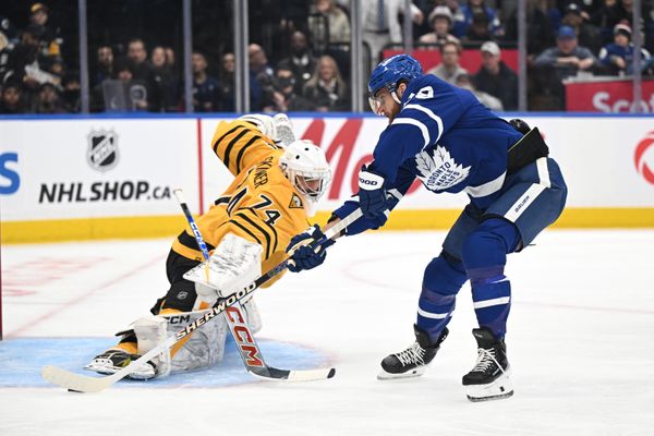 Dec 23, 2025; Toronto, Ontario, CAN;  Toronto Maple Leafs forward William Nylander (88) scores a goal past Pittsburgh Penguins goalie Stuart Skinner (74) in the first period at Scotiabank Arena. Mandatory Credit: Dan Hamilton-Imagn Images