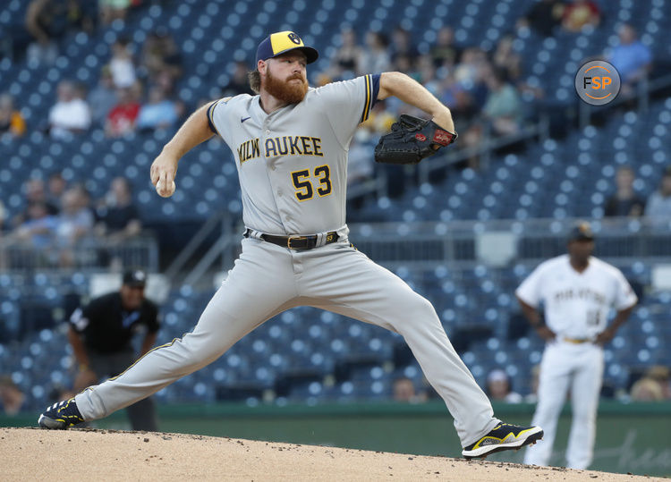 Sep 5, 2023; Pittsburgh, Pennsylvania, USA; Milwaukee Brewers starting pitcher Brandon Woodruff (53) delivers a pitch against the Pittsburgh Pirates during the first inning at PNC Park. Credit: Charles LeClaire-USA TODAY Sports