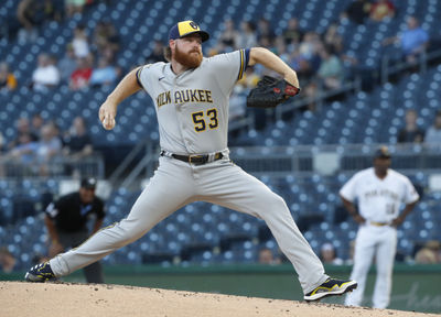 Sep 5, 2023; Pittsburgh, Pennsylvania, USA; Milwaukee Brewers starting pitcher Brandon Woodruff (53) delivers a pitch against the Pittsburgh Pirates during the first inning at PNC Park. Mandatory Credit: Charles LeClaire-USA TODAY Sports