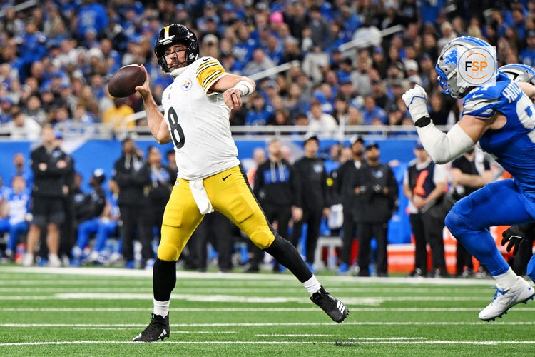Dec 21, 2025; Detroit, Michigan, USA; Pittsburgh Steelers quarterback Aaron Rodgers (8) drops back to make a pass during the fourth quarter against the Detroit Lions at Ford Field. Credit: Lon Horwedel-Imagn Images
