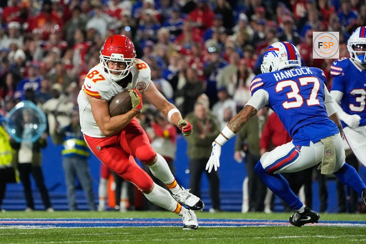 Nov 2, 2025; Orchard Park, New York, USA; Kansas City Chiefs tight end Travis Kelce (87) runs with the ball in the second quarter against the Buffalo Bills at Highmark Stadium. Credit: Gregory Fisher-Imagn Images