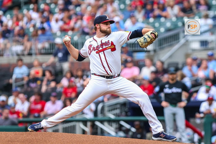 Aug 5, 2026; Cumberland, Georgia, USA; Atlanta Braves pitcher Bryce Elder (55) pitches the ball against the Miami Marlins during the first inning at Truist Park. Credit: Jordan Godfree-Imagn Images