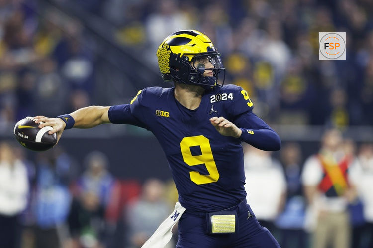 HOUSTON, TX - JANUARY 08: Michigan Wolverines quarterback J.J. McCarthy (9) passes the ball during the CFP National Championship against the Washington Huskies on January 08, 2024 at NRG Stadium in Houston, Texas. (Photo by Joe Robbins/Icon Sportswire)