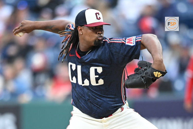 May 30, 2025; Cleveland, Ohio, USA; Cleveland Guardians starting pitcher Luis Ortiz (45) throws a pitch during the first inning against the Los Angeles Angels at Progressive Field. Credit: Ken Blaze-Imagn Images