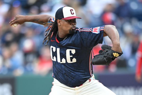 May 30, 2025; Cleveland, Ohio, USA; Cleveland Guardians starting pitcher Luis Ortiz (45) throws a pitch during the first inning against the Los Angeles Angels at Progressive Field. Mandatory Credit: Ken Blaze-Imagn Images