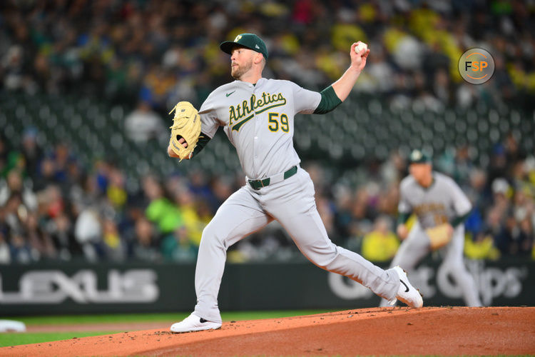 Mar 28, 2025; Seattle, Washington, USA; Athletics starting pitcher Jeffrey Springs (59) pitches to the Seattle Mariners during the first inning at T-Mobile Park. Credit: Steven Bisig-Imagn Images