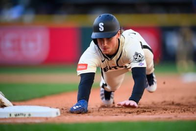 May 17, 2026; Seattle, Washington, USA; Seattle Mariners third baseman Colt Emerson (4) returns to first base during the sixth inning against the San Diego Padres at T-Mobile Park. Mandatory Credit: Steven Bisig-Imagn Images