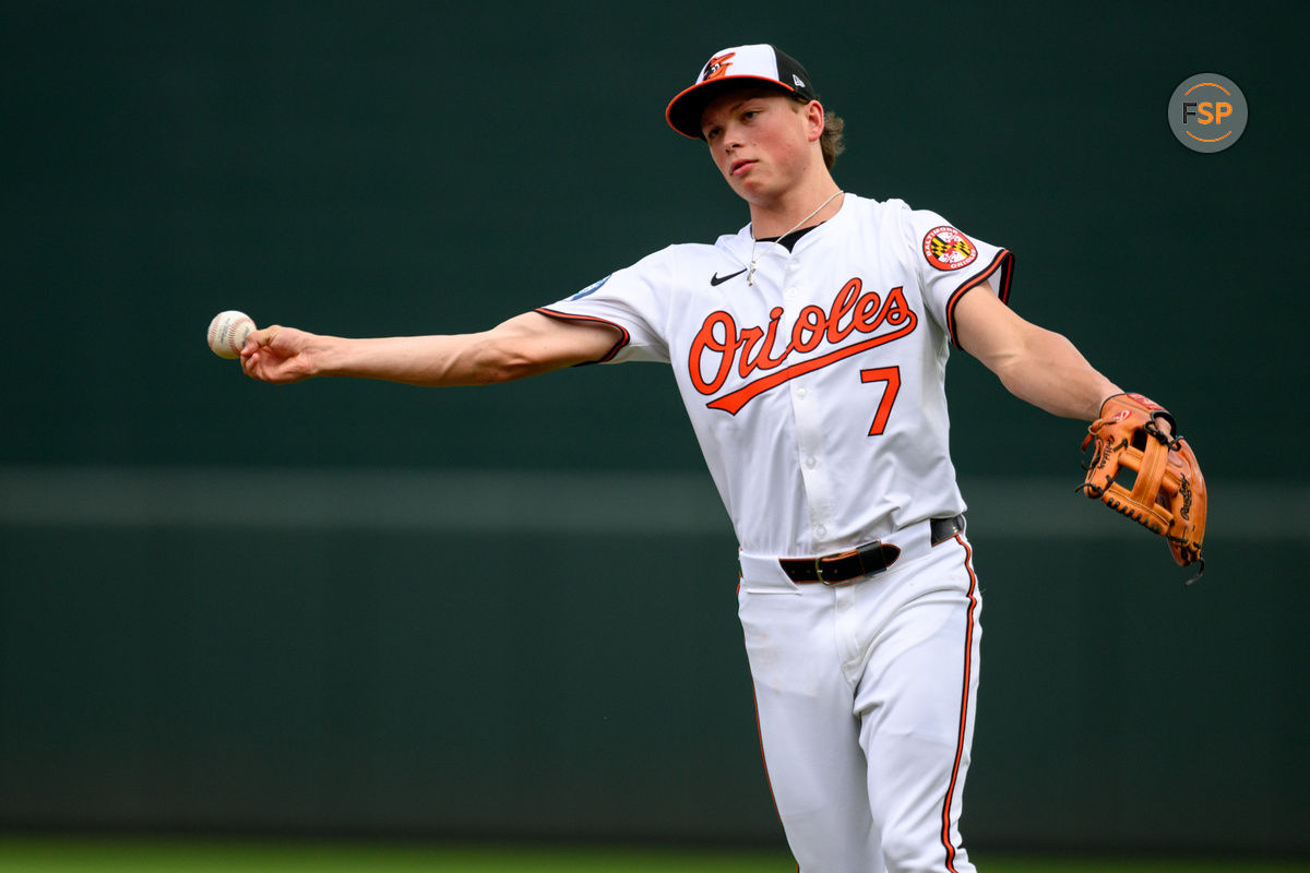 Jul 31, 2024; Baltimore, Maryland, USA; Baltimore Orioles second baseman Jackson Holliday (7) throws to first base against the Toronto Blue Jays during the first inning at Oriole Park at Camden Yards. Mandatory Credit: Reggie Hildred-USA TODAY Sports