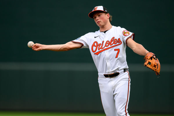 Jul 31, 2024; Baltimore, Maryland, USA; Baltimore Orioles second baseman Jackson Holliday (7) throws to first base against the Toronto Blue Jays during the first inning at Oriole Park at Camden Yards. Mandatory Credit: Reggie Hildred-USA TODAY Sports