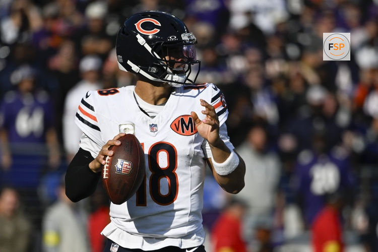 Oct 26, 2025; Baltimore, Maryland, USA;  Chicago Bears quarterback Caleb Williams (18) looks to pass during the game against the Baltimore Ravens at M&T Bank Stadium. Credit: Tommy Gilligan-Imagn Images