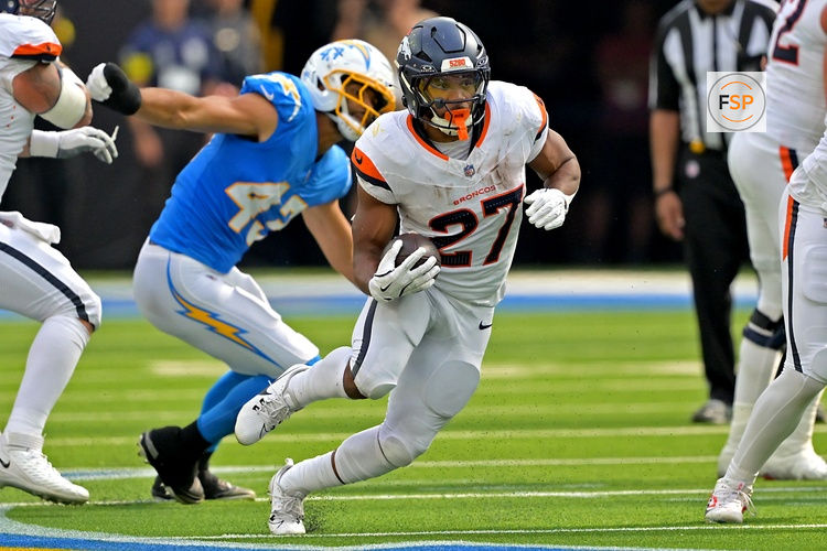 Sep 21, 2025; Inglewood, California, USA;   Denver Broncos running back J.K. Dobbins (27) carries the ball in the second half against the Los Angeles Chargers at SoFi Stadium. Credit: Jayne Kamin-Oncea-Imagn Images
