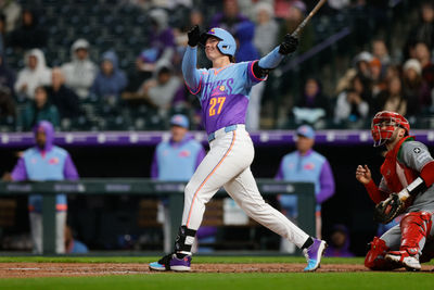 Apr 25, 2025; Denver, Colorado, USA; Colorado Rockies left fielder Jordan Beck (27) watches his ball on a solo home run in the third inning against the Cincinnati Reds at Coors Field. Mandatory Credit: Isaiah J. Downing-Imagn Images