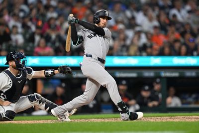 Jun 24, 2026; Detroit, Michigan, USA; New York Yankees left fielder Cody Bellinger (35) hits a double against the Detroit Tigers in the ninth inning at Comerica Park. Mandatory Credit: Lon Horwedel-Imagn Images