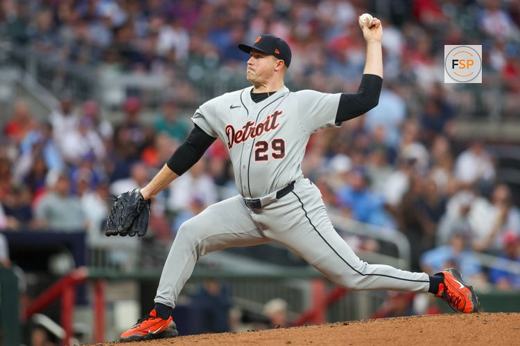 Apr 29, 2026; Atlanta, Georgia, USA; Detroit Tigers starting pitcher Tarik Skubal (29) throws against the Atlanta Braves in the second inning at Truist Park. Credit: Brett Davis-Imagn Images