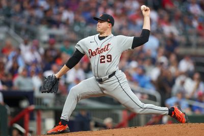 Apr 29, 2026; Atlanta, Georgia, USA; Detroit Tigers starting pitcher Tarik Skubal (29) throws against the Atlanta Braves in the second inning at Truist Park. Mandatory Credit: Brett Davis-Imagn Images