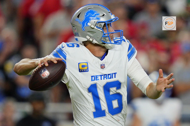 Oct 12, 2025; Kansas City, Missouri, USA; Detroit Lions quarterback Jared Goff (16) drops back to pass against the Kansas City Chiefs during the first half at GEHA Field at Arrowhead Stadium. Credit: Jay Biggerstaff-Imagn Images