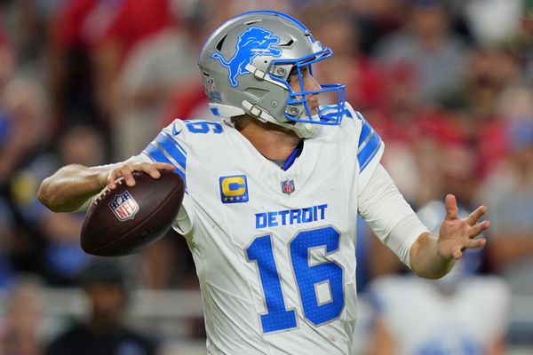 Oct 12, 2025; Kansas City, Missouri, USA; Detroit Lions quarterback Jared Goff (16) drops back to pass against the Kansas City Chiefs during the first half at GEHA Field at Arrowhead Stadium. Mandatory Credit: Jay Biggerstaff-Imagn Images