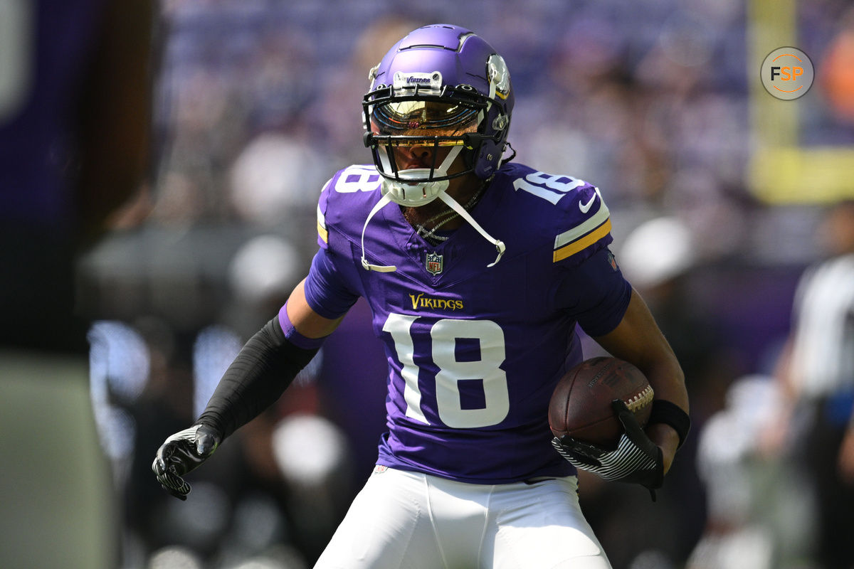 Aug 10, 2024; Minneapolis, Minnesota, USA; Minnesota Vikings wide receiver Justin Jefferson (18) warms up before the game against the Las Vegas Raiders at U.S. Bank Stadium. Credit: Jeffrey Becker-USA TODAY Sports