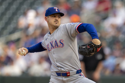 Jun 10, 2025; Minneapolis, Minnesota, USA; Texas Rangers starting pitcher Tyler Mahle (51) delivers a pitch against the Minnesota Twins in the first inning at Target Field. Mandatory Credit: Jesse Johnson-Imagn Images