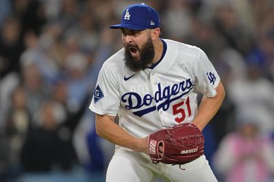 Apr 14, 2026; Los Angeles, California, USA;  Los Angeles Dodgers pitcher Alex Vesia (51) reacts after the final out of the ninth as he earned a save against the New York Mets at Dodger Stadium. Mandatory Credit: Jayne Kamin-Oncea-Imagn Images