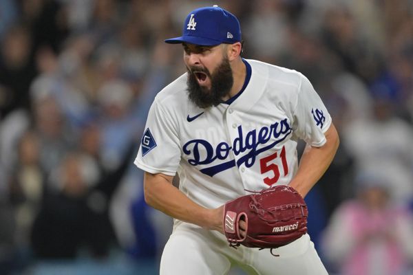 Apr 14, 2026; Los Angeles, California, USA;  Los Angeles Dodgers pitcher Alex Vesia (51) reacts after the final out of the ninth as he earned a save against the New York Mets at Dodger Stadium. Mandatory Credit: Jayne Kamin-Oncea-Imagn Images