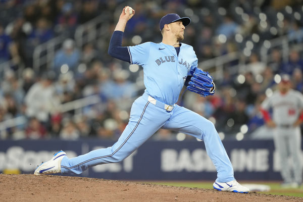 Apr 1, 2025; Toronto, Ontario, CAN; Toronto Blue Jays pitcher Jeff Hoffman (23) pitches to the Washington Nationals during the ninth inning at Rogers Centre. Mandatory Credit: John E. Sokolowski-Imagn Images
