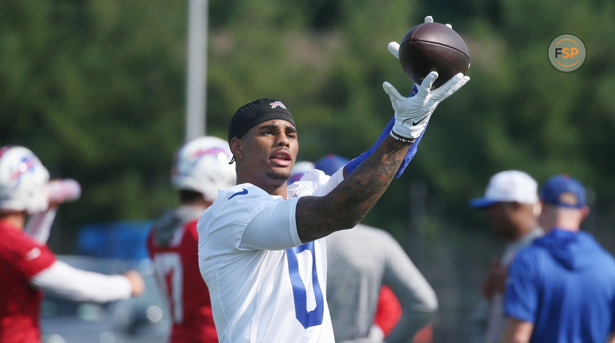 Bills rookie wide receiver Keon Coleman pulls in a pass during the opening day of Buffalo Bills training camp. Shawn Dowd/Rochester Democrat and Chronicle / USA TODAY NETWORK