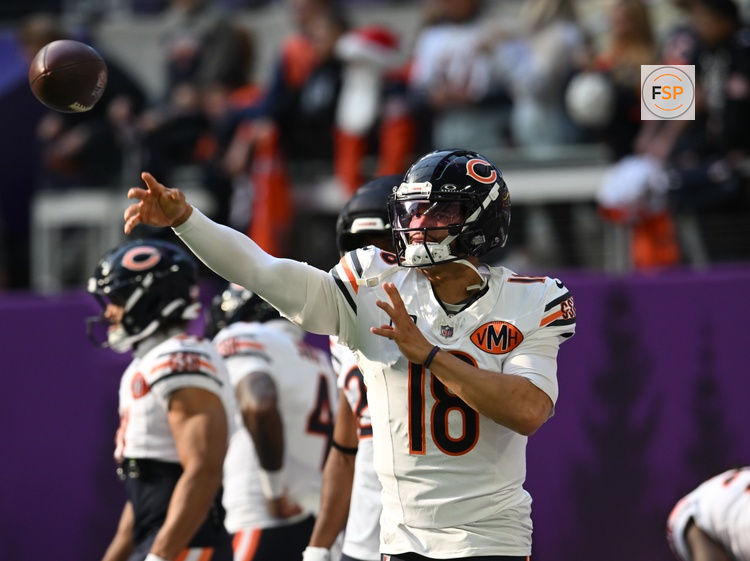 Nov 16, 2025; Minneapolis, Minnesota, USA; Chicago Bears quarterback Caleb Williams (18) warms up before a game against the Minnesota Vikings at U.S. Bank Stadium. Credit: Jeffrey Becker-Imagn Images