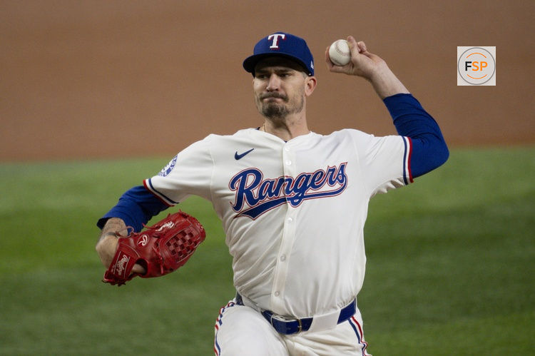 Aug 21, 2024; Arlington, Texas, USA; Texas Rangers starting pitcher Andrew Heaney (44) pitches against the Pittsburgh Pirates during the first inning at Globe Life Field. Credit: Jerome Miron-USA TODAY Sports