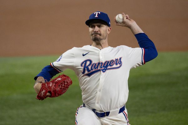 Aug 21, 2024; Arlington, Texas, USA; Texas Rangers starting pitcher Andrew Heaney (44) pitches against the Pittsburgh Pirates during the first inning at Globe Life Field. Mandatory Credit: Jerome Miron-USA TODAY Sports