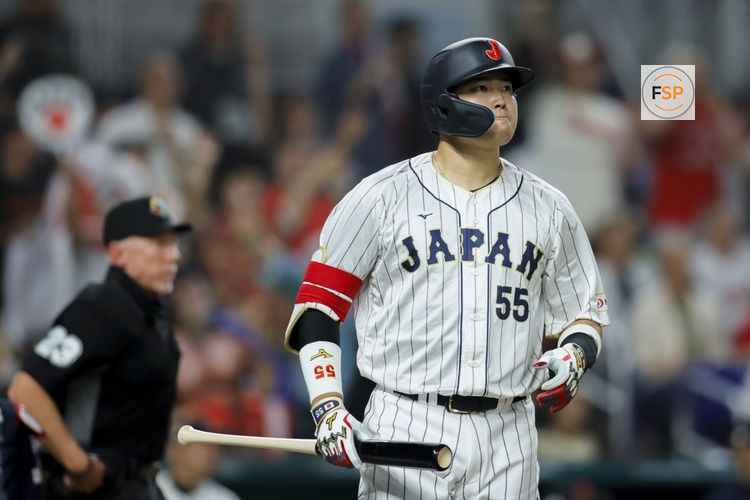 Mar 21, 2023; Miami, Florida, USA; Japan third baseman Munetaka Murakami (55) looks on after hitting a home run during the second inning against USA at LoanDepot Park. Credit: Sam Navarro-USA TODAY Sports