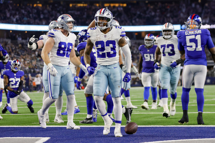 ARLINGTON, TX - NOVEMBER 12: Dallas Cowboys running back Rico Dowdle (23) scores a touchdown and celebrates during the game between the Dallas Cowboys and the New York Giants on November 12, 2023 at AT&T Stadium in Arlington, Texas. (Photo by Matthew Pearce/Icon Sportswire)