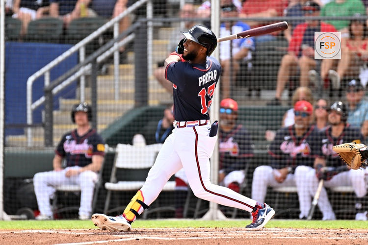 Feb 27, 2026; North Port, Florida, USA; Atlanta Braves designated hitter Jurickson Profar (17) bats in the first inning against the Boston Red Sox during spring training at CoolToday Park. Credit: Jonathan Dyer-Imagn Images