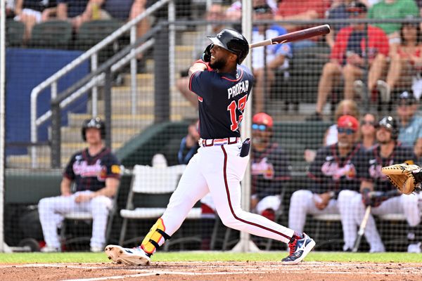 Feb 27, 2026; North Port, Florida, USA; Atlanta Braves designated hitter Jurickson Profar (17) bats in the first inning against the Boston Red Sox during spring training at CoolToday Park. Mandatory Credit: Jonathan Dyer-Imagn Images