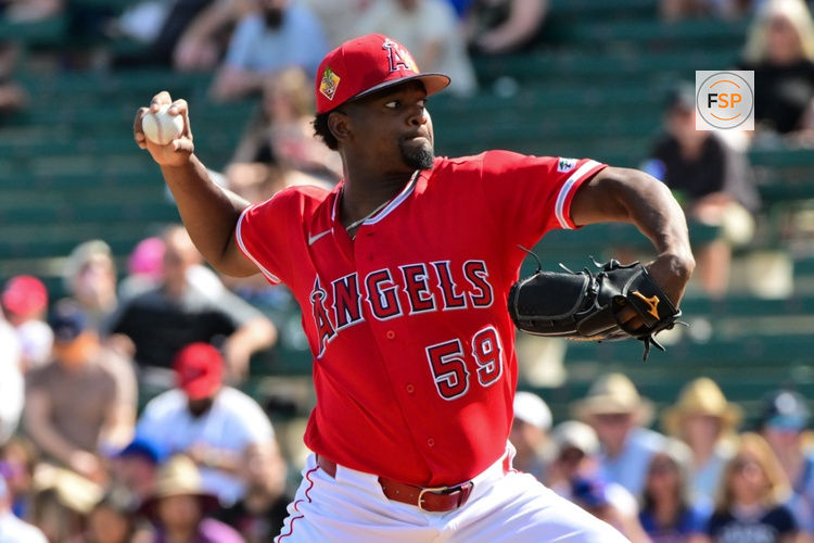 Feb 26, 2026; Tempe, Arizona, USA; Los Angeles Angels pitcher Jose Soriano (59) throws a pitch in the second inning against the Chicago Cubs at Tempe Diablo Stadium. Credit: Matt Kartozian-Imagn Images
