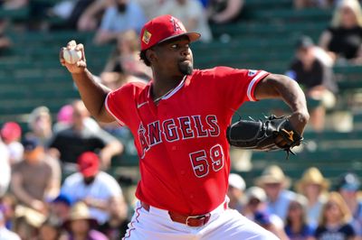 Feb 26, 2026; Tempe, Arizona, USA; Los Angeles Angels pitcher Jose Soriano (59) throws a pitch in the second inning against the Chicago Cubs at Tempe Diablo Stadium. Mandatory Credit: Matt Kartozian-Imagn Images