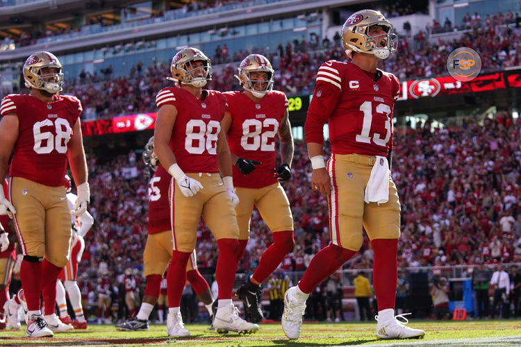 Oct 20, 2024; Santa Clara, California, USA; San Francisco 49ers quarterback Brock Purdy (13) reacts after rushing for a touchdown against the Kansas City Chiefs in the third quarter at Levi's Stadium. Credit: Cary Edmondson-Imagn Images