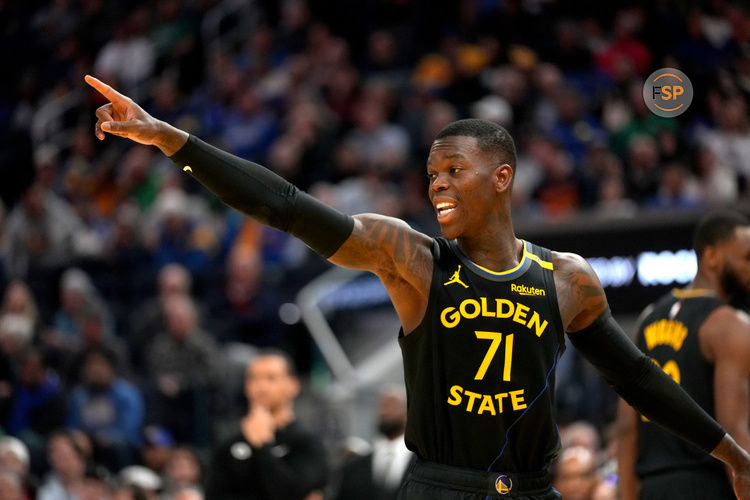 Jan 20, 2025; San Francisco, California, USA; Golden State Warriors guard Dennis Schroder (71) directs teammates before a play against the Boston Celtics in the second quarter at the Chase Center. Credit: Cary Edmondson-Imagn Images