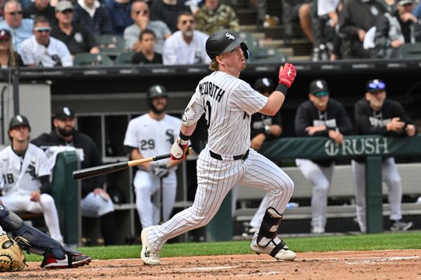 Jun 24, 2026; Chicago, Illinois, USA; Chicago White Sox second baseman Chase Meidroth (10) hits a single against the Cleveland Guardians during the second inning at Rate Field. Mandatory Credit: Patrick Gorski-Imagn Images