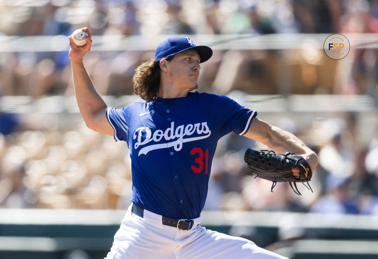 Mar 2, 2025; Phoenix, Arizona, USA; Los Angeles Dodgers pitcher Tyler Glasnow (31) against the Chicago White Sox during a spring training game at Camelback Ranch-Glendale. Credit: Mark J. Rebilas-Imagn Images