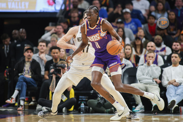 Feb 27, 2025; Phoenix, Arizona, USA; Phoenix Suns center Bol Bol (11) dribbles against the New Orleans Pelicans in the second quarter at Footprint Center. Credit: Brett Davis-Imagn Images
