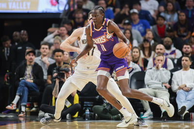 Feb 27, 2025; Phoenix, Arizona, USA; Phoenix Suns center Bol Bol (11) dribbles against the New Orleans Pelicans in the second quarter at Footprint Center. Mandatory Credit: Brett Davis-Imagn Images
